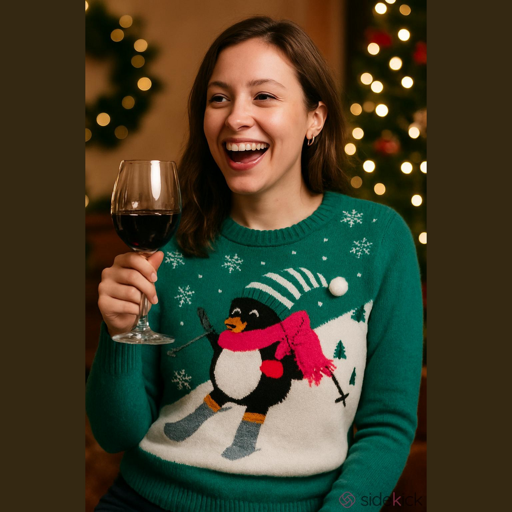 Women's Large Ugly Christmas Sweater Penguin Skiing Green